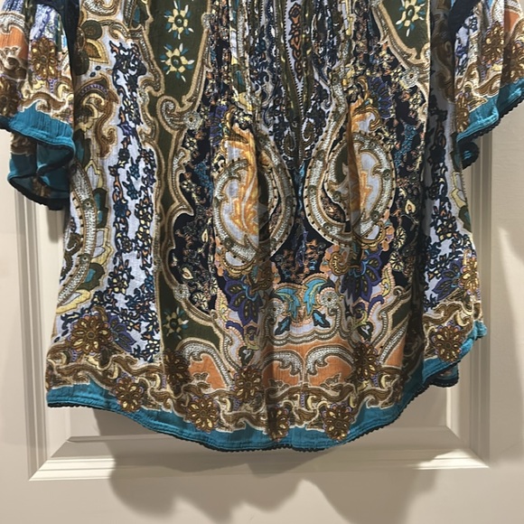 Bila Floral cold shoulder detail trim Top Blouse trumpet sleeves Boho Gauzy L - Picture 7 of 8